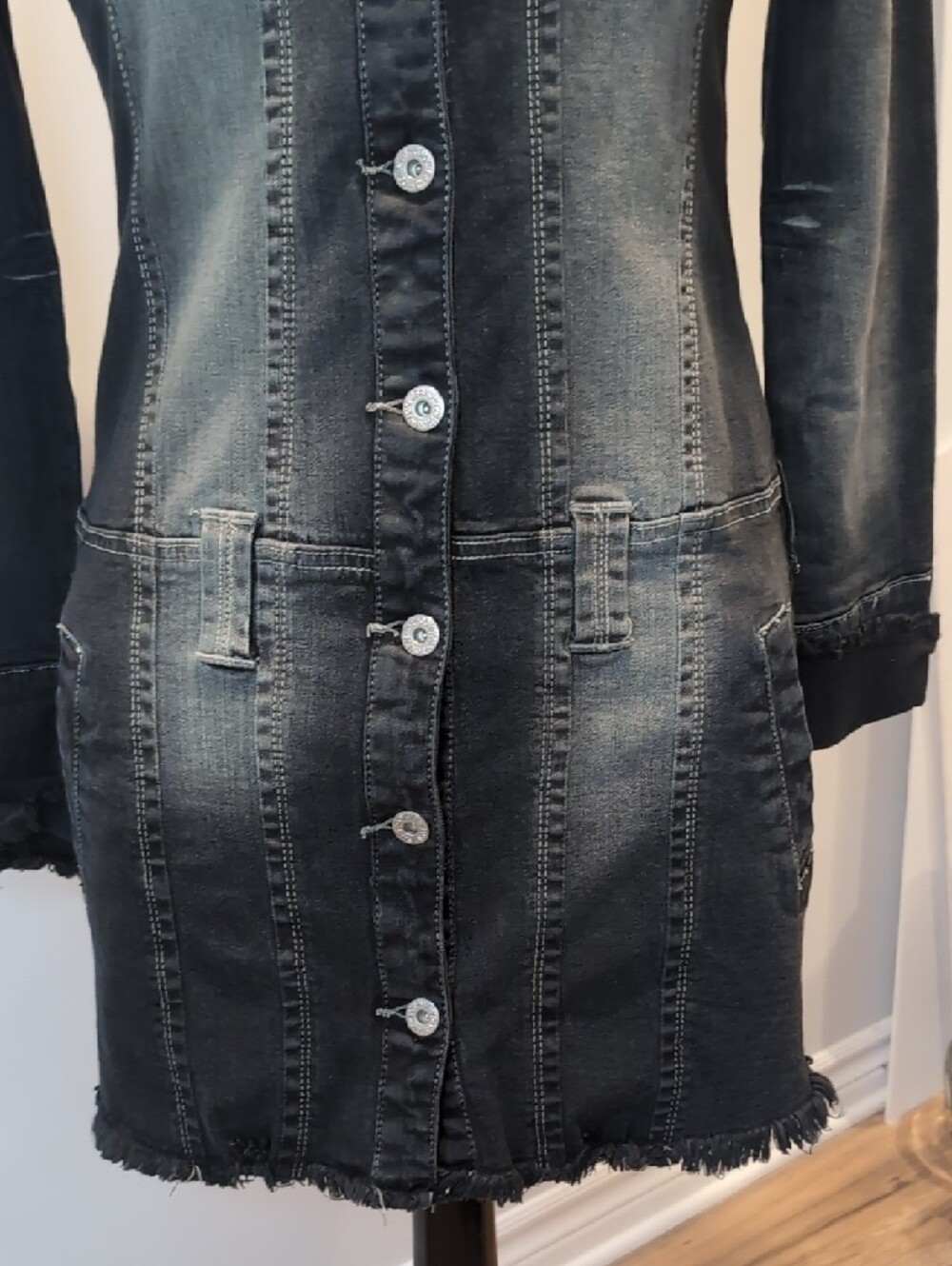 Y2K Foxy Jeans Fitted Washed Black Denim Bodycon Dress Medium - Picture 3 of 9
